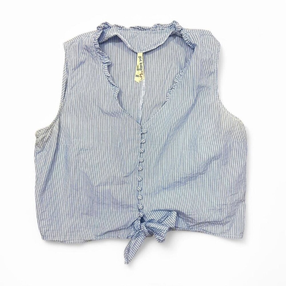 Y2K Girl Krazy Blue White Pinstripe Tie-Front‎ Blouse With Ruffle Trim Size M